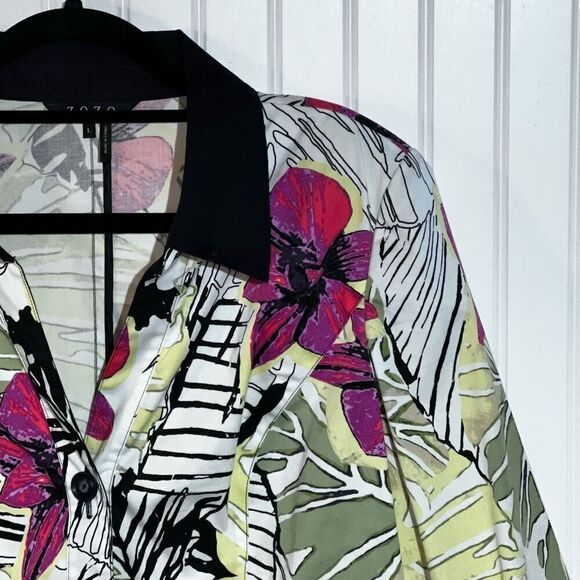 ZOZO Button Up Tropical Floral Top Women’s Large Black/White Multicolor Cuffed - Picture 3 of 10